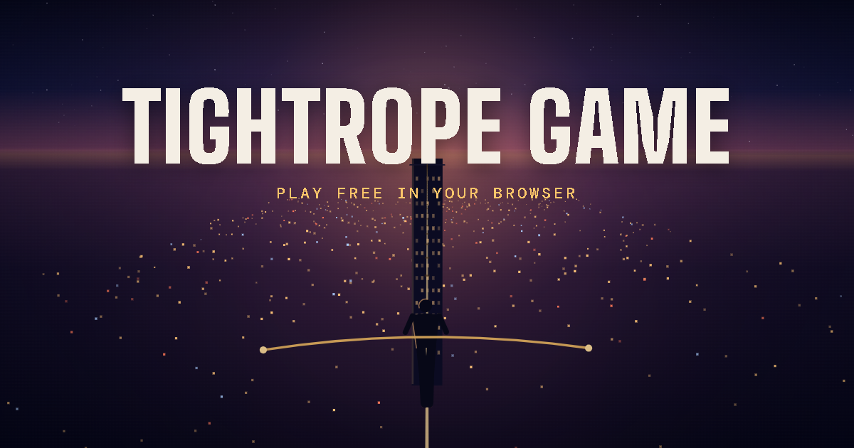 The tightrope walking game: a walker with a balance pole above a city at dusk